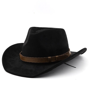 Classic black felt western cowboy hat featuring a brown leather band and curved brim