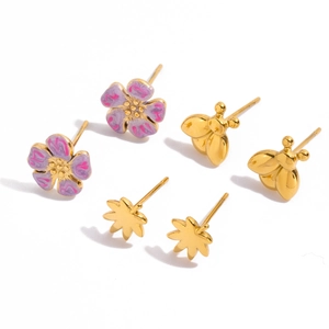 Ensemble de six boucles d'oreilles en acier inoxydable avec fleurs mauves et abeilles