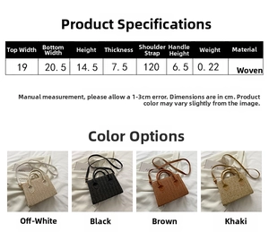 Detailed size guide for woven crossbody bag with dimensions and technical specifications
