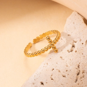 Minimalist 18k gold plated beaded cross ring for women with adjustable open design