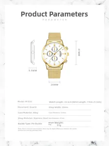 Detailed size chart for Model M1033 men's quartz watch with stainless steel mesh band