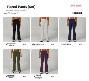 Macro detail of high-waist flared leggings set in black, beige, blue, green, and purple