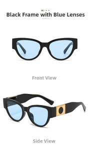 Detail view of black cat-eye sunglasses with blue lenses and gold hardware accents