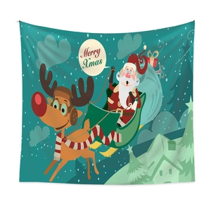 Detail of bohemian Christmas tapestry featuring Santa on a reindeer sleigh in the snow
