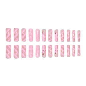 Christmas long coffin nails with pink reindeer, snowflake glitter and stripes patterns
