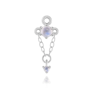 Macro detail of S925 sterling silver rhombus charm with translucent moonstone and zircon