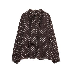 Polka Dot Chiffon Blouse Retro Bow Tie Neck Long Lantern Sleeve Pleated Transparent Casual Elegant Shirt For Women