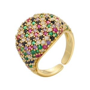 Detailed macro of wide colorful zircon ring with 18K gold plating and adjustable band