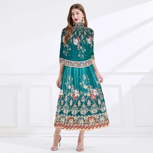 Women Maxi Dress Chiffon Pleated Floral Print Stand Collar Long Sleeve Belted Bohemian Elegant Retro Style
