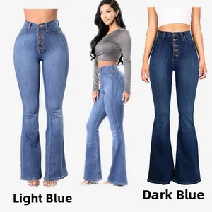 Front and side view of high waisted flared jeans in light blue and dark blue wash
