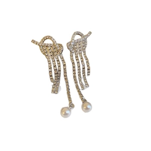 Silver knot pearl tassel earrings with zircons and long dangling chains for women