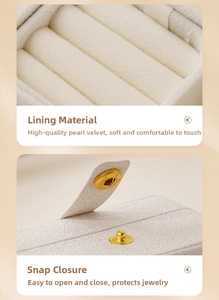 Close-up of pearl velvet lining and gold metal buckle on portable PU leather jewelry box