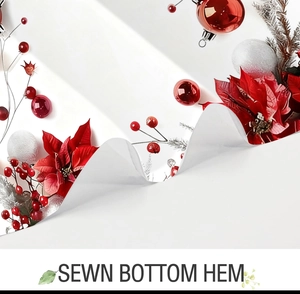 Close-up of sewn bottom hem on a white fabric shower curtain with Christmas floral print