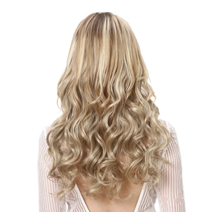 Detail view of long wavy golden blonde hair extensions piece with 5 clips for volume