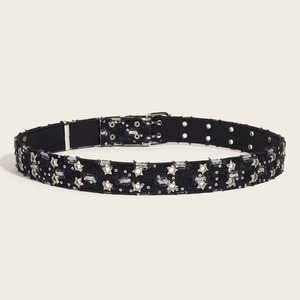Punk black denim belt with silver star rivets and double grommet metal buckle