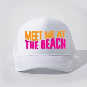 White vintage trucker hat with Meet Me At The Beach retro print and breathable mesh