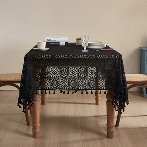 Vintage black crochet lace tablecloth with elegant tassels for rectangle dining table decor