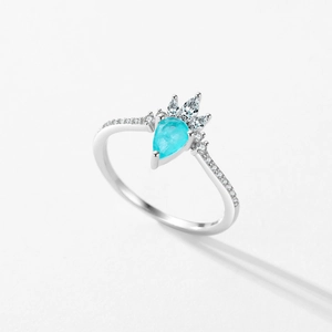 S925 sterling silver ring with crown setting and pear-cut blue paraiba tourmaline stone