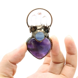 Vintage copper heart pendant with pink quartz and blue crystal on a long O-chain necklace