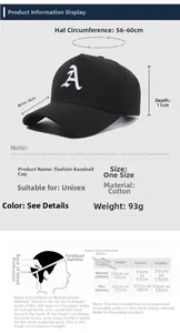 Size chart for black cotton baseball cap showing brim length and head circumference