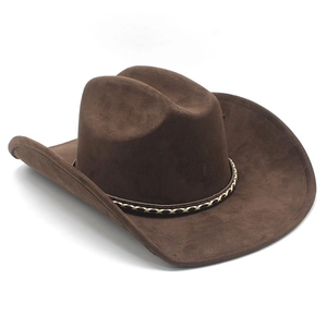 Detail of western cowboy hat crown with two-tone woven band and soft felt texture