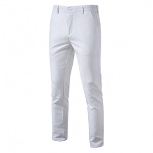 Detailed close-up of white cotton linen casual trousers with breathable twill fabric texture