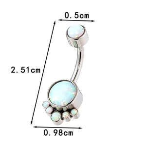G23 titanium navel piercing with white opal clusters and zircon in a curved barbell design