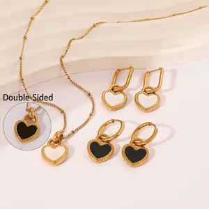 Double-sided heart pendant necklace and earrings set in gold stainless steel finish