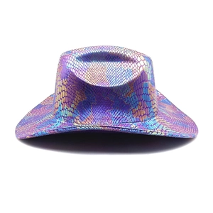 Detail showing the iridescent snake skin texture on this western cowboy party hat