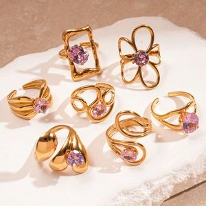 Women Stainless Steel Adjustable Open Ring Pink Zircon Gold Plated Irregular Geometric Heart Flower Trendy Elegant