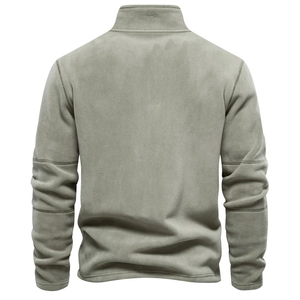 Back view of olive green men's fleece sweatshirt showing soft fabric texture and stitching