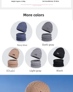 Detailed chart showing knit hat and neck warmer sets in five colors with size specs