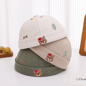 Baby Docker Hat Corduroy Brimless Miki Hat Embroidered Cartoon Bear Adjustable Warm Cap For Toddlers Boys Girls
