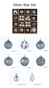 Detailed macro view of silver Christmas ball ornaments with star and glitter patterns