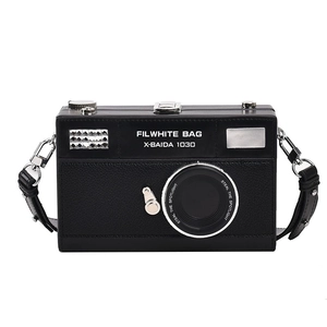 Front view of vintage camera-shaped shoulder bag in black lychee grain leather