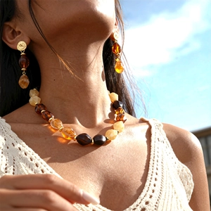 Detail of amber acrylic oval beads necklace and earrings set with gold metal accents