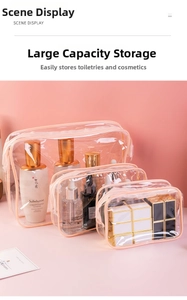 Three-piece set of transparent PVC cosmetic bags in large, medium, and small sizes