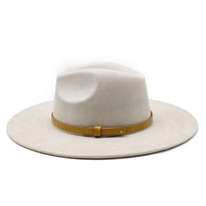 Detail showing off-white wide brim felt fedora with yellow croc-patterned leather band