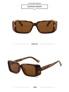 Detail view of leopard square sunglasses with brown lenses from front and side angles