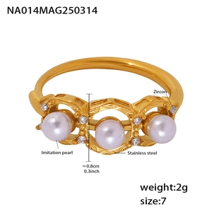 Detail showing 18k gold plated steel ring with zircon and pearls, size 7, 2g weight