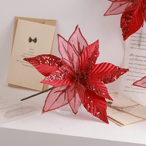 30cm red glitter artificial poinsettia flower for festive Christmas tree decoration