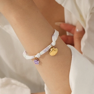 Elegant stainless steel shell silk scarf bracelet with purple woven rope for women