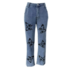 Detail of high-waisted straight jeans in light blue denim with black butterfly prints