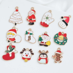 Set of 12 festive Christmas enamel charms including Santa Claus and Christmas tree for DIY