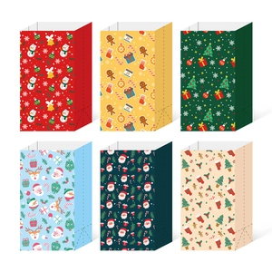 Set of six colorful Christmas paper gift bags with snowman and Santa festive patterns