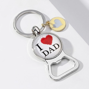 Silver metal bottle opener keychain with I Love Dad design and heart charm