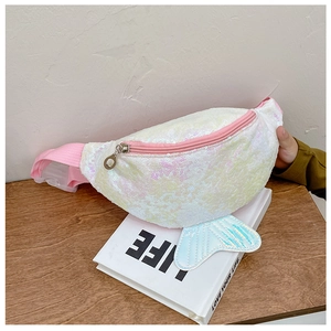 Detail of white sequin mermaid waist bag for girls with pink zipper and fishtail accent