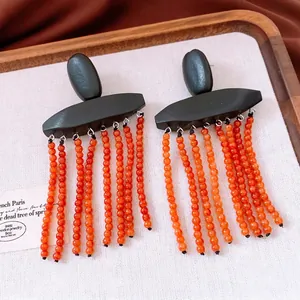 Ethnic Tassel Dangle Earrings With Wood Geometric Top And Orange Stone Beads Silver Earring Post Vintage Bohemian Style