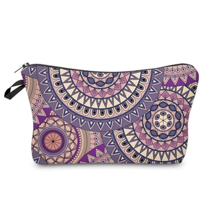 Large mandala floral cosmetic bag with purple pattern, sturdy zipper and handle for travel
