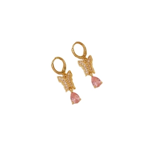 Elegant gold butterfly earrings with micro-pave zircons and pink teardrop gemstones